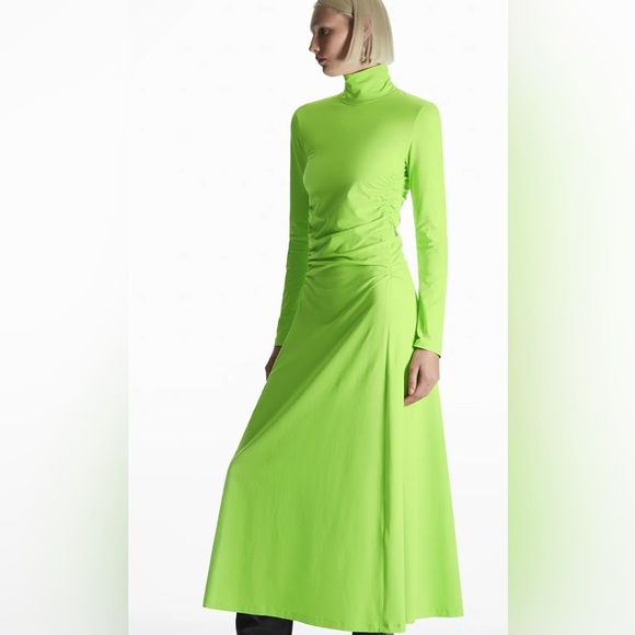 COS Dresses & Skirts - COS,The Main Event Statement Dress,Lime,High-Neck,Ruched Midi,Avant Garde,Size S